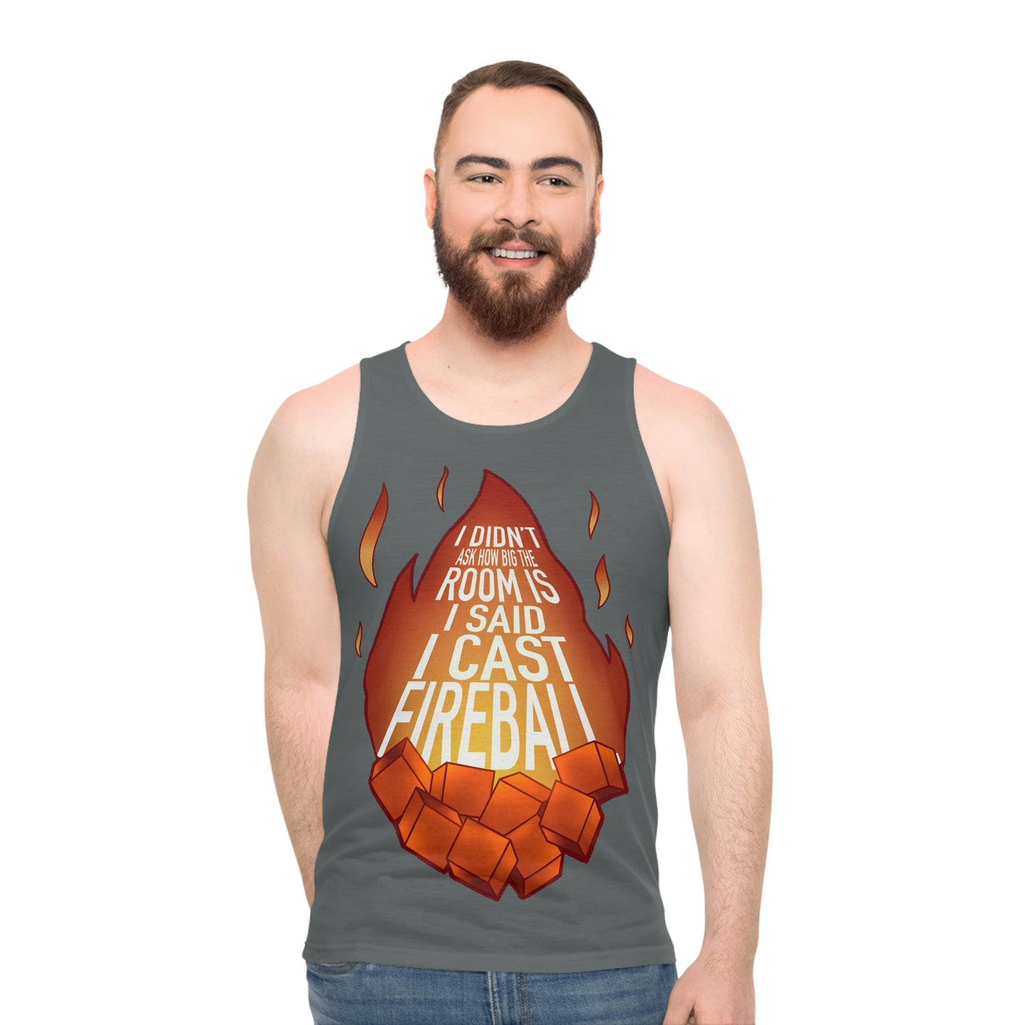 You cast what?!? Fireball! Dark Grey Unisex Tank Top (AOP)