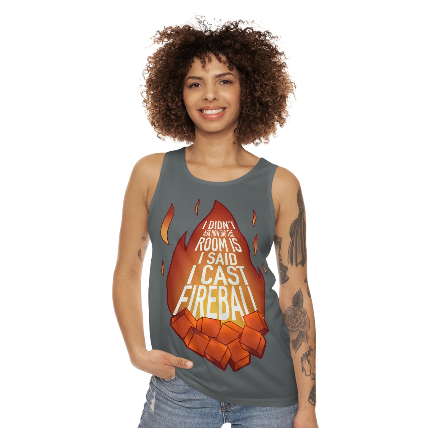 You cast what?!? Fireball! Dark Grey Unisex Tank Top (AOP)